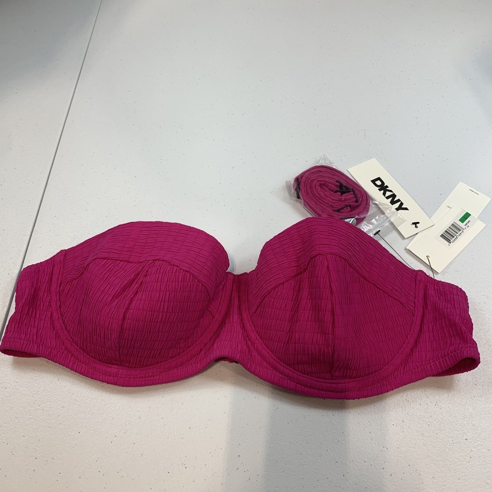 DKNY Women's Swim Bikini Top L Balconette Underwire Molded Pink Textured